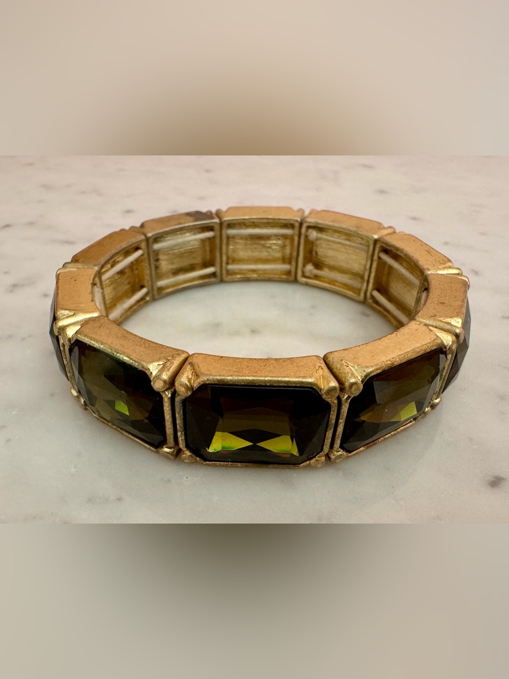 Lia Sophia Vintage Gold-Toned Stretch Bracelet with Faceted Olive Green Stone